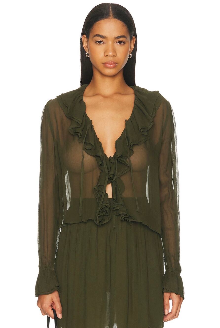 BODE Flounce Ruffle Silk Sheer Tie Front Top Olive Green Blouse Long Sleeve XL
